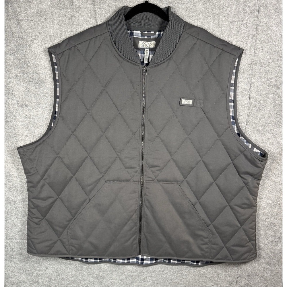 Ocean + Coast Men's 4X Quilted Vest, Gray Plaid Lined, Full Zip NWT, Big & Tall